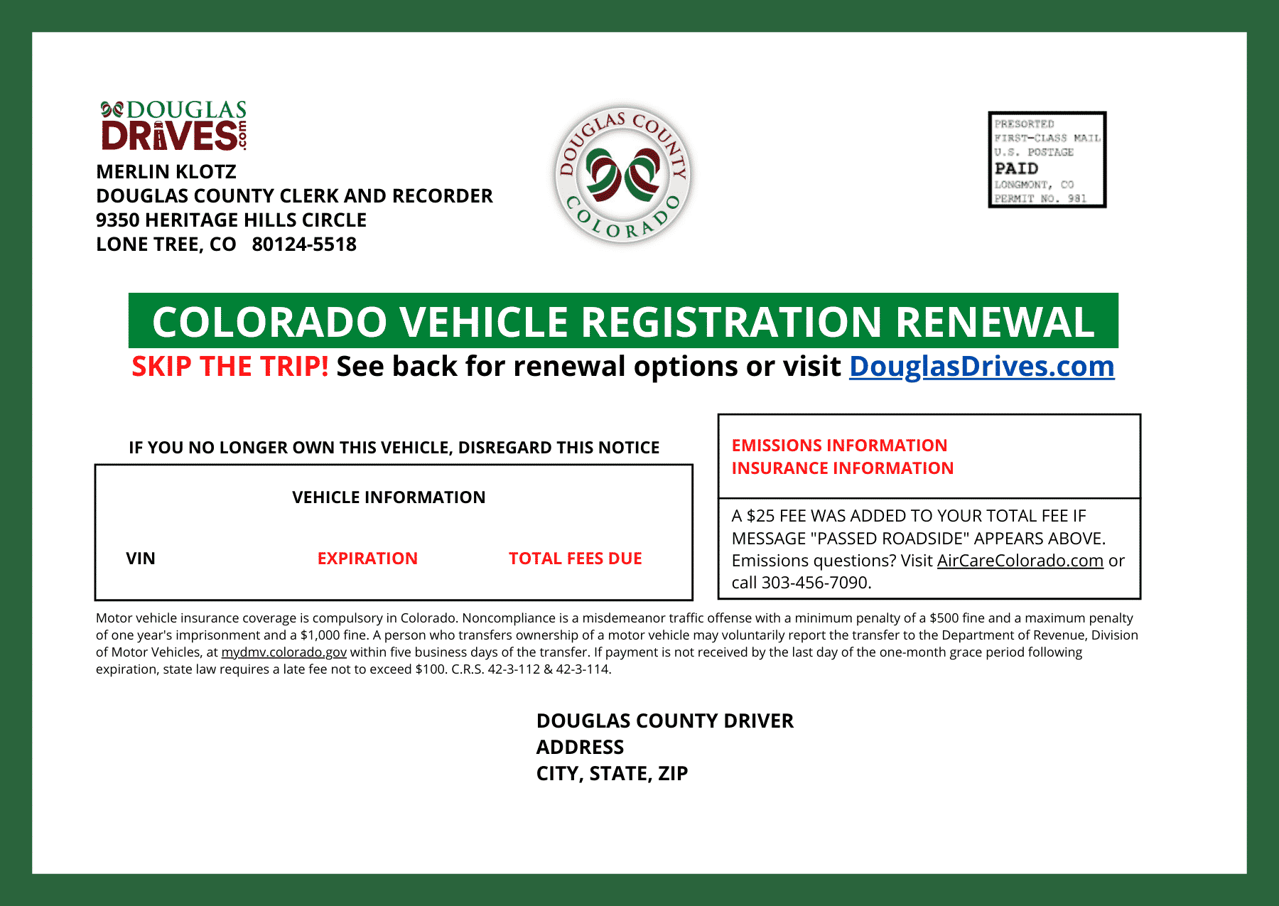 Renew Vehicle Registration (License Plates) Douglas County