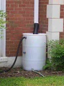 White plastic rain barrel on outside of home