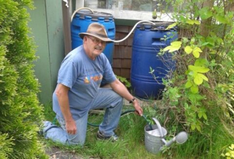 Man filling up watering can from rain barrel catchment system