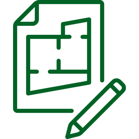 Icon of blueprint with pencil in green