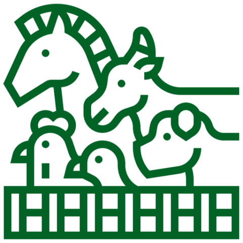 Icon of horse, cow, chicken and other animals behind a fence