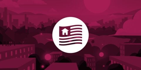 Illustration of a community with a modified US flag with the stars replaced with a house overlaid 