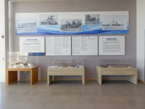 Display cases and information board from the Thriving Through Time historic exhibit at Parker Water